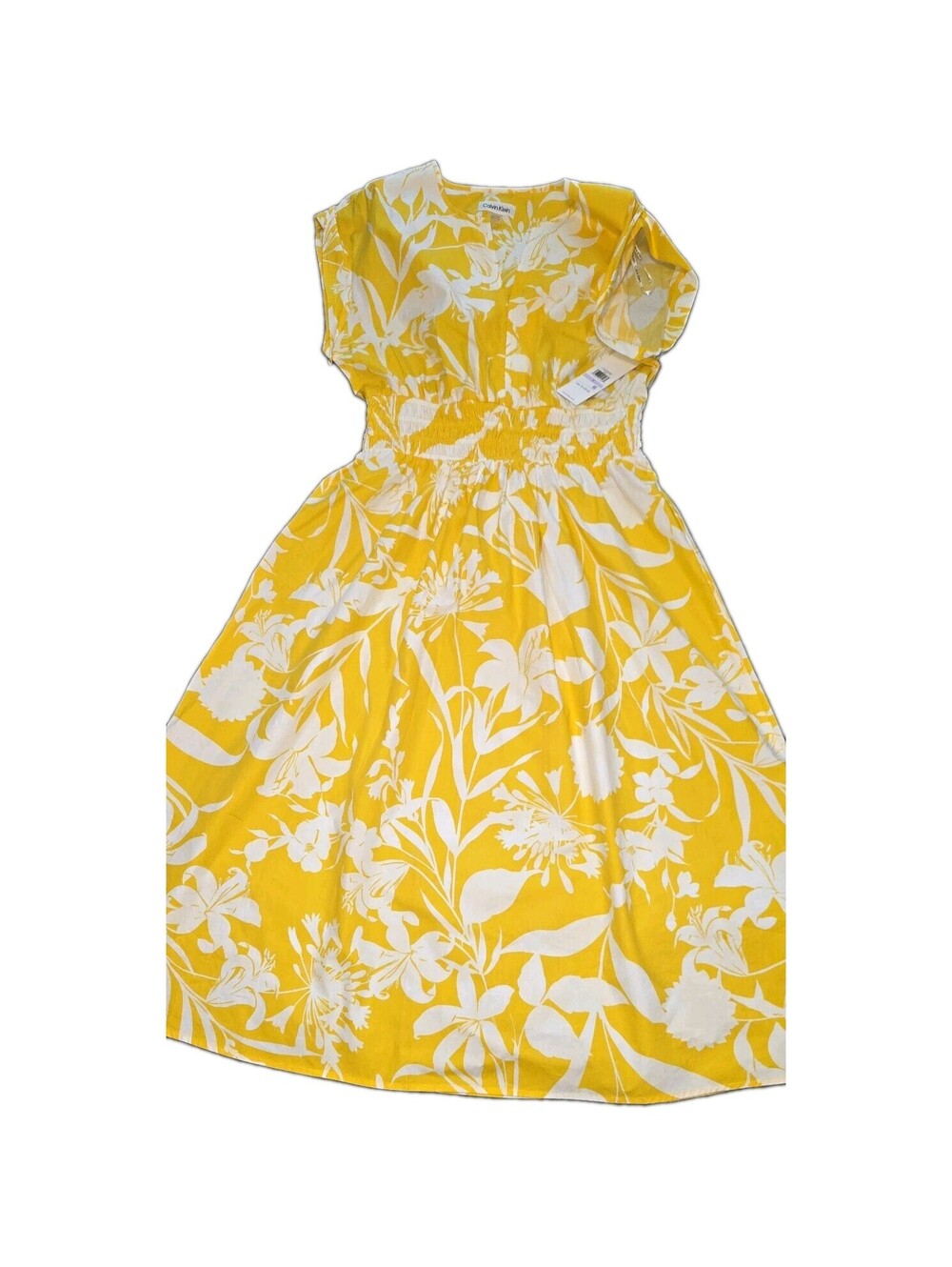 Calvin Klein Floral Smocked V-Neck Midi Dress, 100% Cotton, Size 6